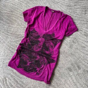Monrow Purple Fitted V Neck Tee Top Embellished Black Bead XS